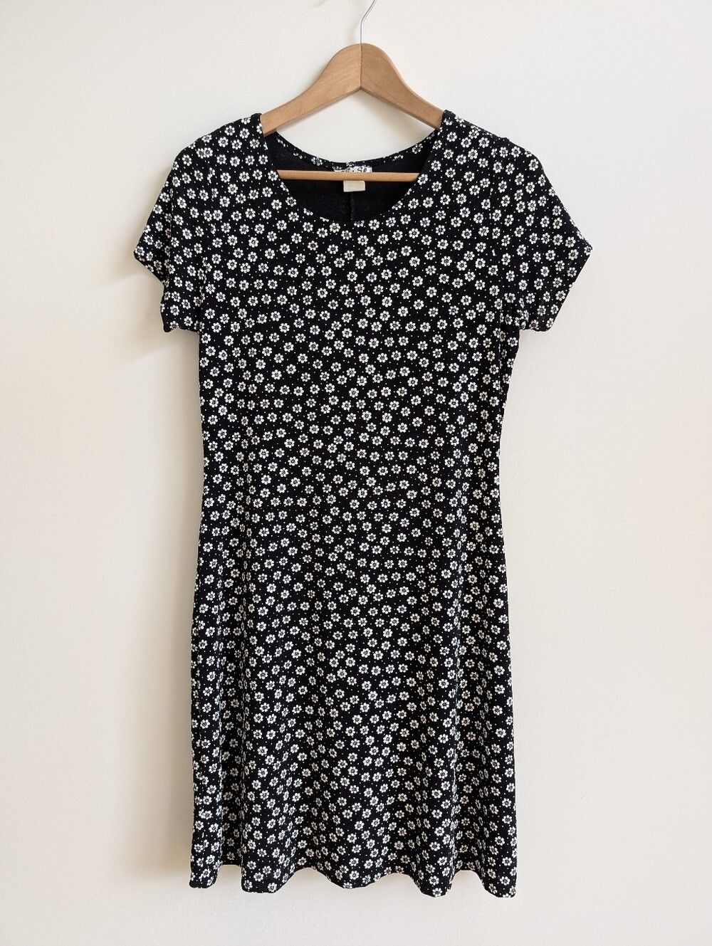 Vintage Esse Slinky Stretch Nylon Black White Daisy Print Mini Dress Large